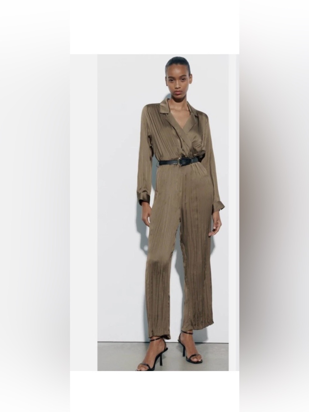 Zara Olive  Satin Jumpsuit with Draped V-Neck size small